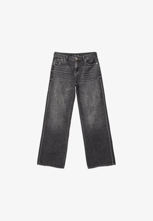 Dark gray wide-leg denim jeans with front and back pockets, button closure, and subtle faded detailing.