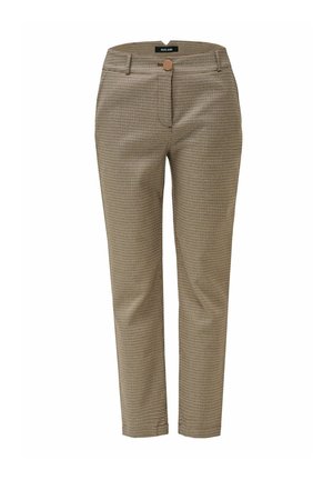 Pantalones a cuadros marrón y crema con diseño ajustado, que incluyen cierre de botón, bolsillos laterales y piernas rectas. Textura de tela lisa.