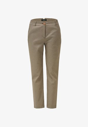 Pantalones a cuadros marrón y crema con diseño ajustado, que incluyen cierre de botón, bolsillos laterales y piernas rectas. Textura de tela lisa.