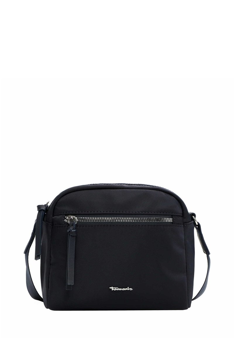 Black nylon crossbody bag with a rounded shape, featuring a front zip pocket and logo accent. Adjustable strap and smooth texture.
