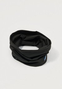 Zwarte buisvormige halsgaiter van glad, rekbaar materiaal. Beschikt over een dubbel-laags ontwerp met platte naden en een klein blauw label.