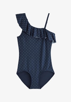 Costume intero blu navy con pois bianchi, una spallina arricciata e una sottile.