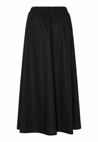 Jupe midi noire en tissu léger, dotée d'une ceinture élastique et d'une texture lisse avec une silhouette fluide. Aucun motif visible.