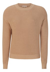 Maglione beige a maglia con scollo a girocollo, maniche lunghe, orlo e polsini a costine, caratterizzato da un motivo testurizzato. Materiale lavabile in lavatrice.