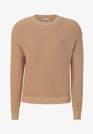 Beige gestrickter Pullover mit Rundhalsausschnitt, langen Ärmeln, geripptem Saum und Bündchen, der ein strukturiertes Muster aufweist. Maschinenwaschbares Material.