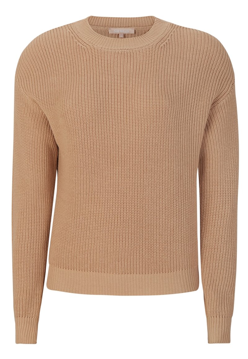 Maglione beige a maglia con scollo a girocollo, maniche lunghe, orlo e polsini a costine, caratterizzato da un motivo testurizzato. Materiale lavabile in lavatrice.