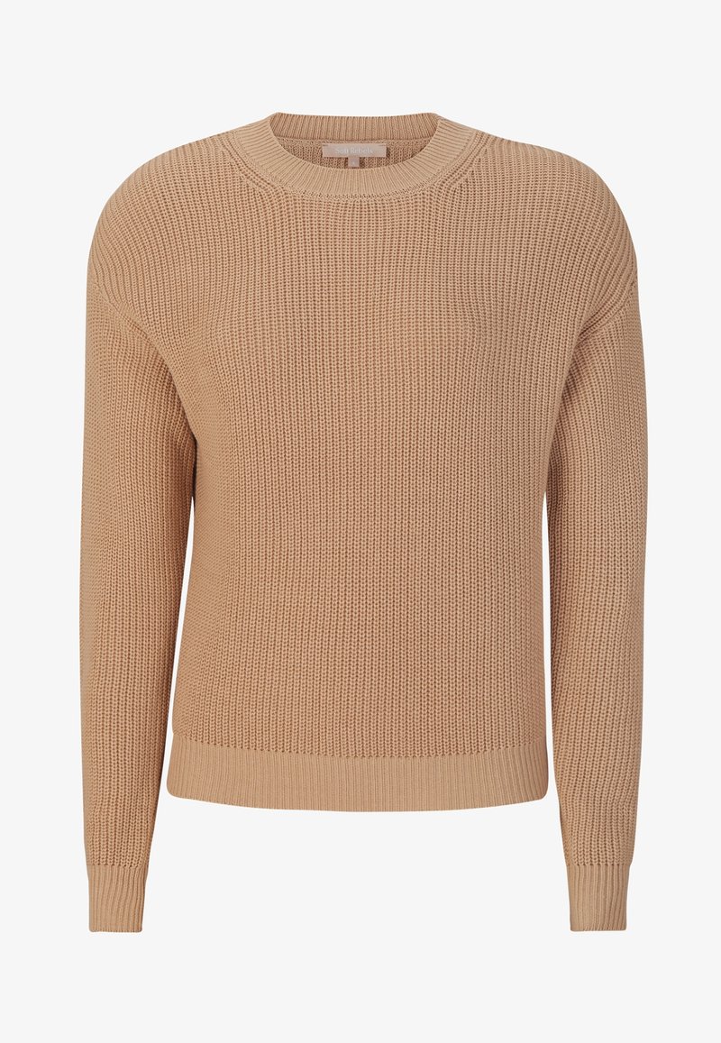 Suéter de punto beige con cuello redondo, mangas largas, dobladillo y puños acanalados, que presenta un patrón texturizado. Material lavable a máquina.