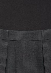 Jupe grise à rayures verticales avec un design plissé et une taille lisse, fabriquée dans un tissu texturé avec une section supérieure foncée.