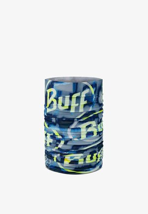 Blauer, multifunktionaler Schlauchschal mit gelben und weißen "Buff"-Logos und abstrakten Mustern.