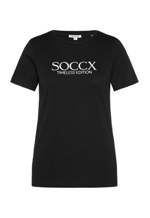 Zwarte katoenen T-shirt met korte mouwen, met een witte bedrukte logo "SOCCX TIMELESS EDITION" op de voorkant. Eenvoudig, klassiek ontwerp.
