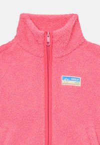 Veste en polaire rose flou avec col haut et fermeture éclair à l'avant. Présente un écusson de logo bleu et jaune sur le côté gauche. Texture douce.