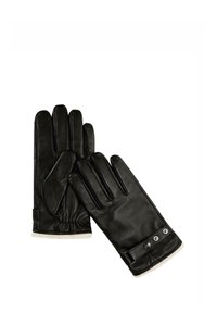 Sorte læderhandsker med en glat tekstur, en strikket håndledsmanchet og en justerbar rem med en metalnitte.