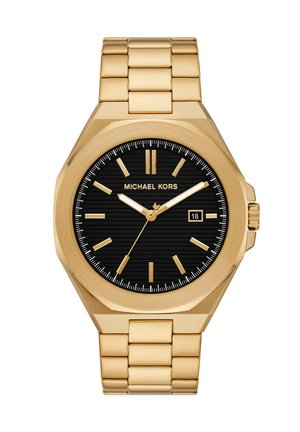 Gold metal bracelet watch with black dial, gold hour markers, date window at 3 o'clock, and Michael Kors branding at the center.
