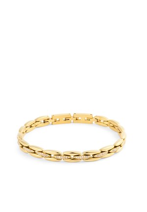 Gouden armband met afwisselend gladde en met diamanten bezette ovale schakels, gerangschikt in een doorlopende ketting met een sluiting.