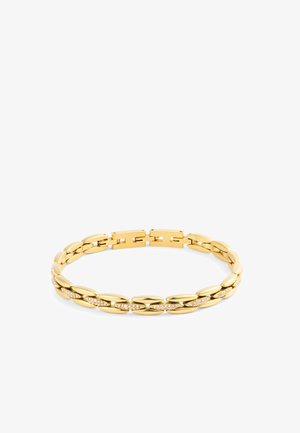 Gouden armband met afwisselend gladde en met diamanten bezette ovale schakels, gerangschikt in een doorlopende ketting met een sluiting.