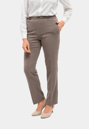 Bruine tailorpantalons met een slim fit, voorzien van een tailleband met een ceintuurlus, zijzakken en een gladde, gestructureerde stof.