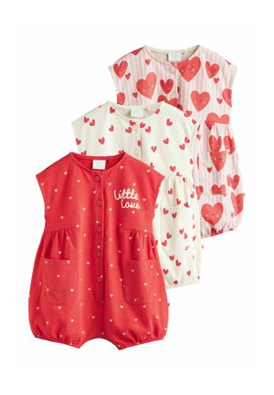 Three infant rompers in red and white. One features red hearts, another has a striped pattern with hearts, and the third features "little love" text.