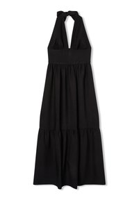 Un vestito nero a halter con un corpetto aderente e una gonna a strati arricciata. Realizzato in un morbido tessuto, presenta un laccio al collo e dettagli minimi.