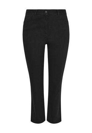 Jeans neri a gamba dritta con bottoni anteriori, cerniera e design a cinque tasche, mostrati su uno sfondo bianco.