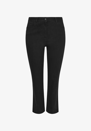 Jeans neri a gamba dritta con bottoni anteriori, cerniera e design a cinque tasche, mostrati su uno sfondo bianco.