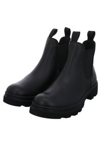Bottes Chelsea en cuir noir avec panneaux élastiques sur les côtés, bout rond et semelle en caoutchouc résistante. Équipées de deux languettes pour un enfilage facile.