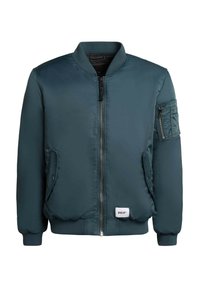 Mörkt teal bomberjacka med dragkedja framtill, ribbad krage och muddar, fickor med klaffar, ärm med dragkedjeficka och Khujo-varumärkesetikett på fållen.