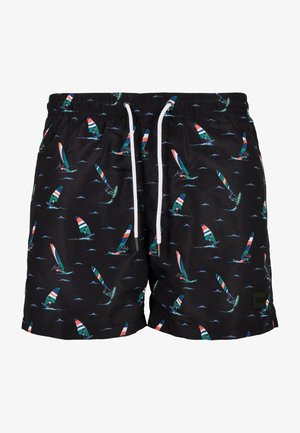 Schwarze Badehose mit einem Windsurfing-Muster in Grün, Rot, Weiß und Blau. Mit einem elastischen Bund und Kordelzug sowie seitlichen Taschen.
