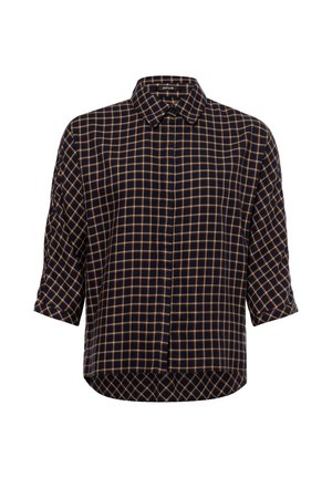 Chemise bleu foncé à motif à carreaux beige, manches trois-quarts et col pointu.