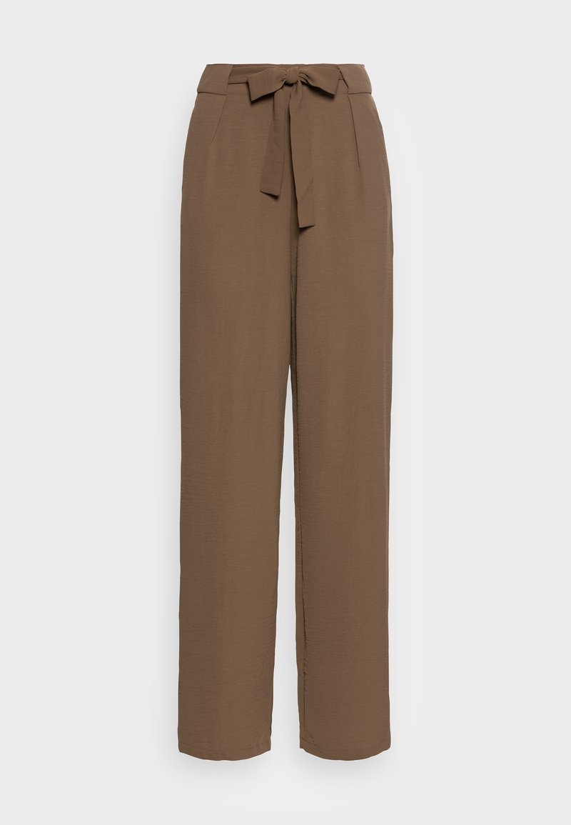 Pantalon marron taille haute à jambes larges avec poches avant et ceinture en tissu nouée en nœud à la taille.