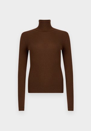 Maglione marrone a collo alto a coste con maniche lunghe, caratterizzato da un collo alto e un design aderente, realizzato in materiale morbido ed elastico.