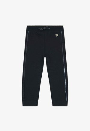 Pantalon de jogging noir en tissu doux, avec une taille à cordon, des bandes latérales et un petit logo d'ours sur la hanche.