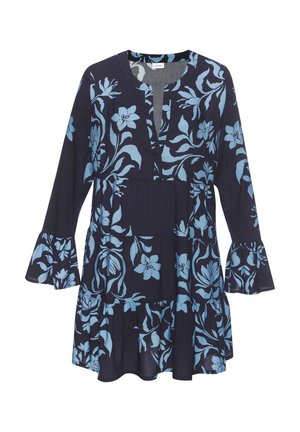 Navy blue long-sleeve dress with light blue floral pattern, round neckline, V-slit, tiered skirt, and flared cuffs.