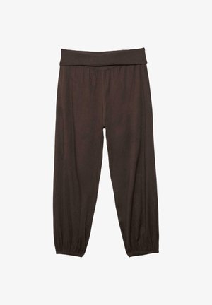 Pantalon ample de couleur marron foncé avec une large ceinture et des chevilles élastiques, présenté sur un fond blanc.