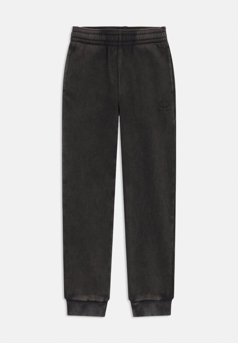 Schwarze Sweatpants aus weichem Material mit elastischem Bund, schmal zulaufenden Beinen und einem kleinen gestickten Logo am linken Oberschenkel.