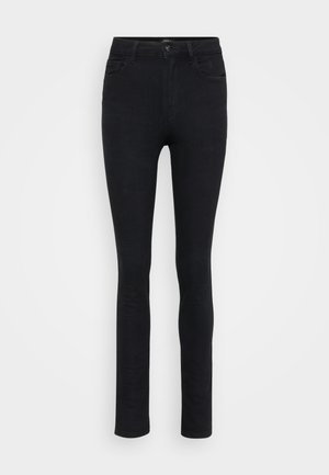 Schwarze Denim-Skinny-Jeans mit einer glatten Textur, mittelhoher Taille, Gürtelschlaufen, Fünf-Taschen-Design und einem klassischen Knopfverschluss.