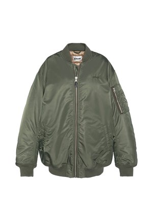 Chaqueta bomber verde oliva con cremallera frontal, puños acanalados y un bolsillo lateral. Hecha de un tejido brillante y suave con forro beige.