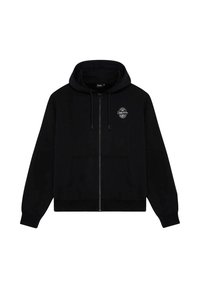 Zwarte hoodie met rits, gemaakt van een katoenmix, met een vozak-pocket, een capuchon met trekkoord en een klein grafisch logo op de linker borst.