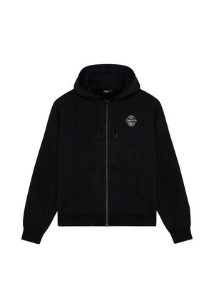 Felpa con zip nera realizzata in misto cotone, con tasca frontale, cappuccio con cordini e un piccolo logo grafico sulla parte sinistra del petto.