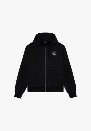 Zwarte hoodie met rits, gemaakt van een katoenmix, met een vozak-pocket, een capuchon met trekkoord en een klein grafisch logo op de linker borst.