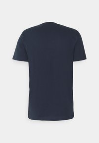 Navyblå kortärmad t-shirt med rund hals visad bakifrån mot en vit bakgrund.