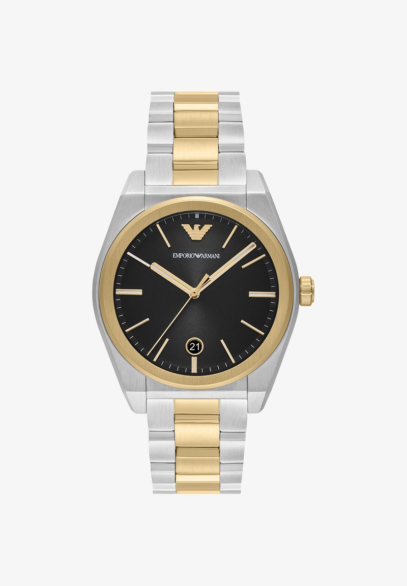 Orologio da polso da uomo bicolore in acciaio inox argento e oro con quadrante nero, indici dorati, data alle ore 6 e logo del marchio alle ore 12.