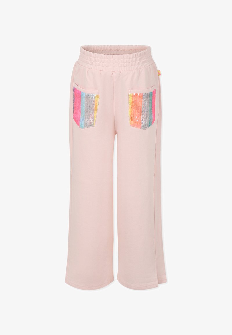Pantalons larges rose clair avec une ceinture élastique, comportant deux poches à patch sequins à rayures verticales multicolores.