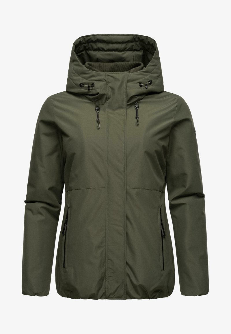 Veste à capuche vert olive avec fermeture éclair frontale, capuche à cordon de serrage, poches latérales zippées, dotée d'un col montant matelassé.