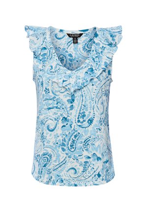 Mouwloze lichtblauwe blouse met geplooide V-hals en blauw bloemig paisley patroon.