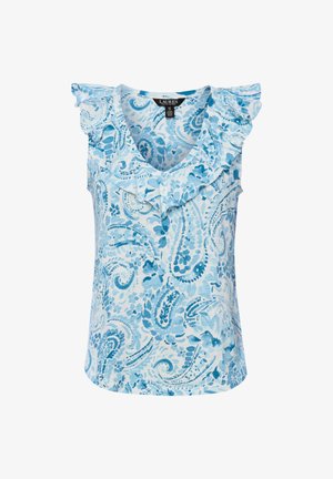 Mouwloze lichtblauwe blouse met geplooide V-hals en blauw bloemig paisley patroon.