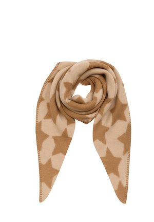 Light brown and beige scarf with large star patterns, folded in a loop with pointed ends visible on a white background.