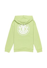 Lichtgroene hoodie met capuchon en een logo-opdruk op de achterkant, met een cirkelontwerp en tekst en een boomembleem. Zachte stof, casual pasvorm.