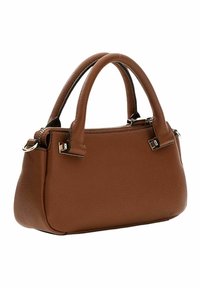 Sac à main en cuir marron avec une forme structurée, des poignées arrondies, une fermeture éclair et des accents de quincaillerie argentée. Fini texturé.