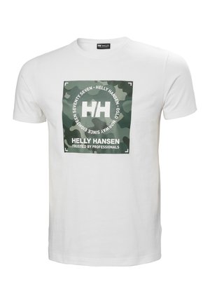 White short-sleeved T-shirt featuring a green camouflage square graphic with the brand name "Helly Hansen" and the letters "HH" prominently displayed.
