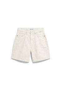 Creme-kleurige denimshorts met een rechte pijp, vijf zakken, metalen knoopsluiting en subtiele stikdetails.